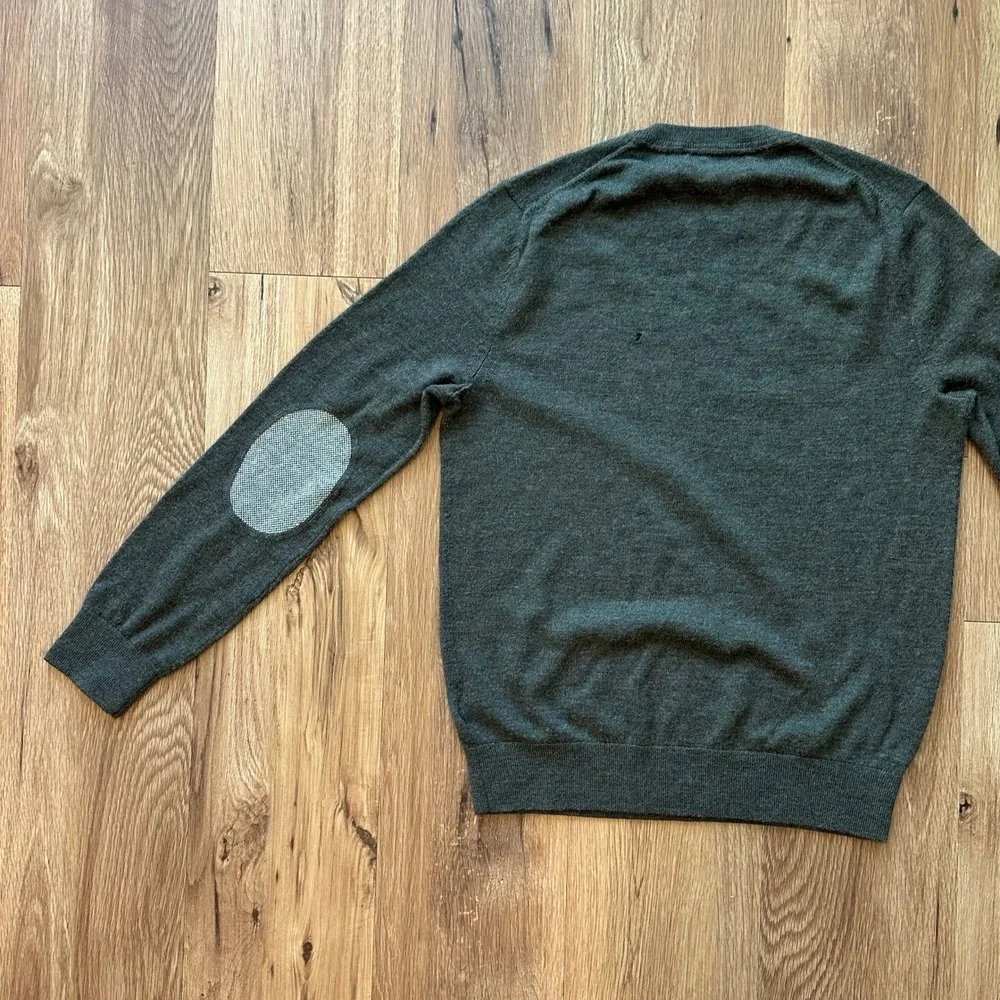Banana Republic Mens Merino Wool Crewneck Sweater Green Elbow Patches Size M
